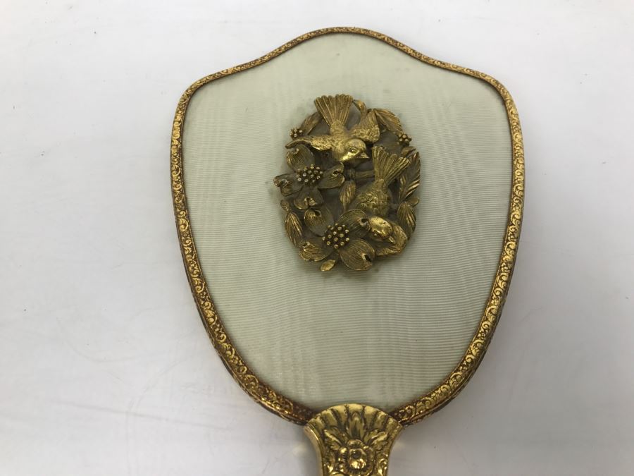 Vintage Gold Tone Hand Held Vanity Mirror Bird Floral Motif [Photo 9]