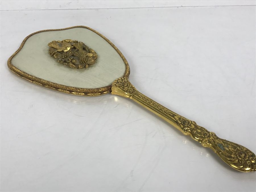 Vintage Gold Tone Hand Held Vanity Mirror Bird Floral Motif [Photo 1]