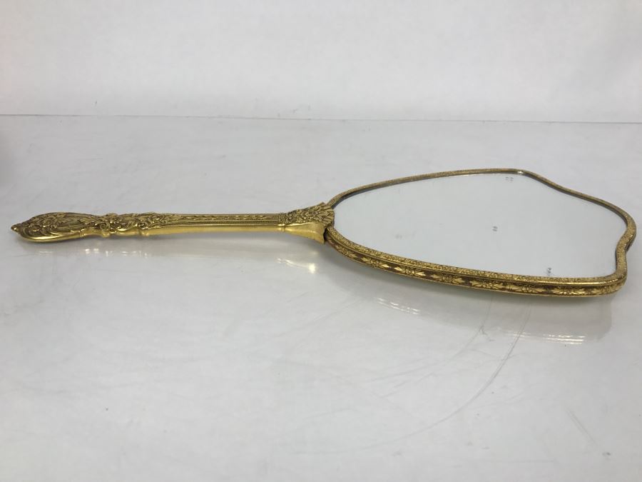Vintage Gold Tone Hand Held Vanity Mirror Bird Floral Motif [Photo 6]