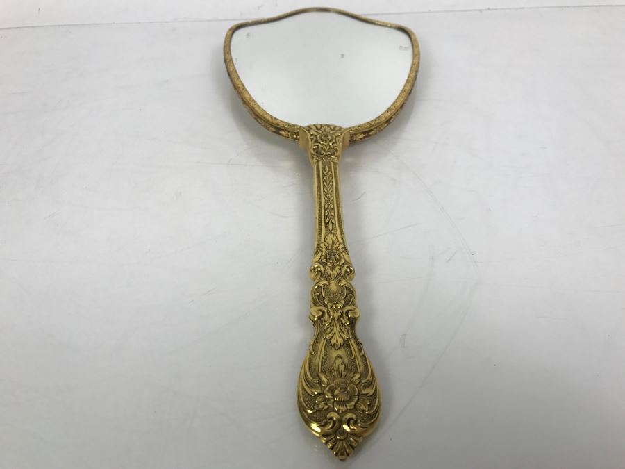 Vintage Gold Tone Hand Held Vanity Mirror Bird Floral Motif [Photo 2]