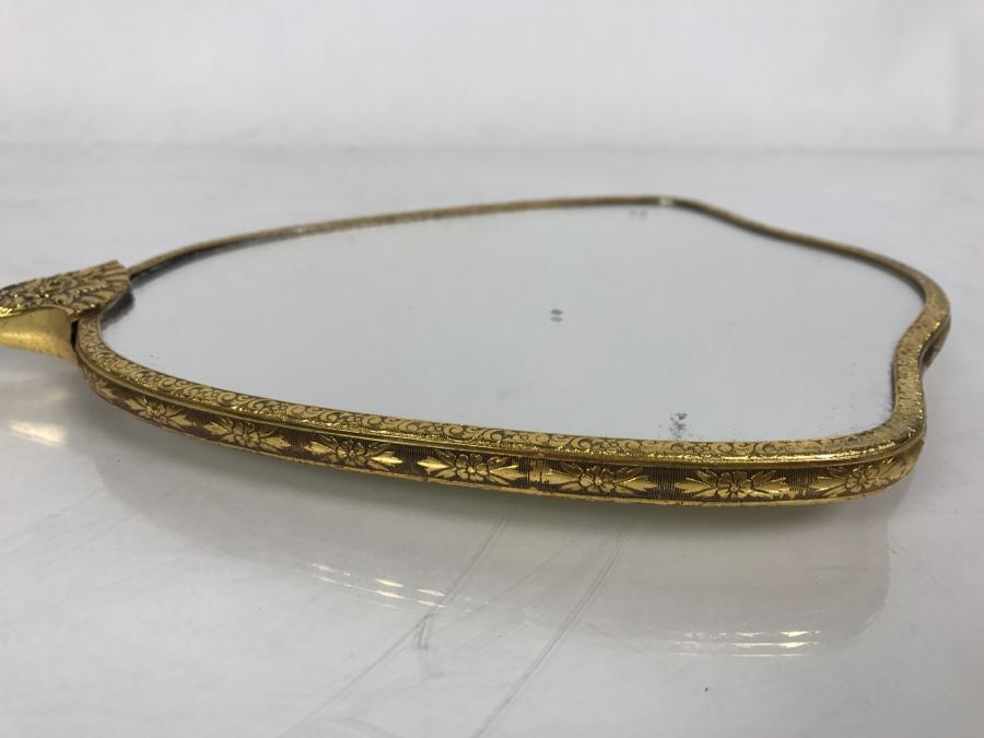 Vintage Gold Tone Hand Held Vanity Mirror Bird Floral Motif [Photo 7]