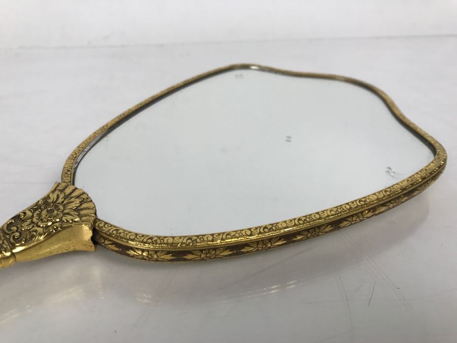 Vintage Gold Tone Hand Held Vanity Mirror Bird Floral Motif [Photo 4]