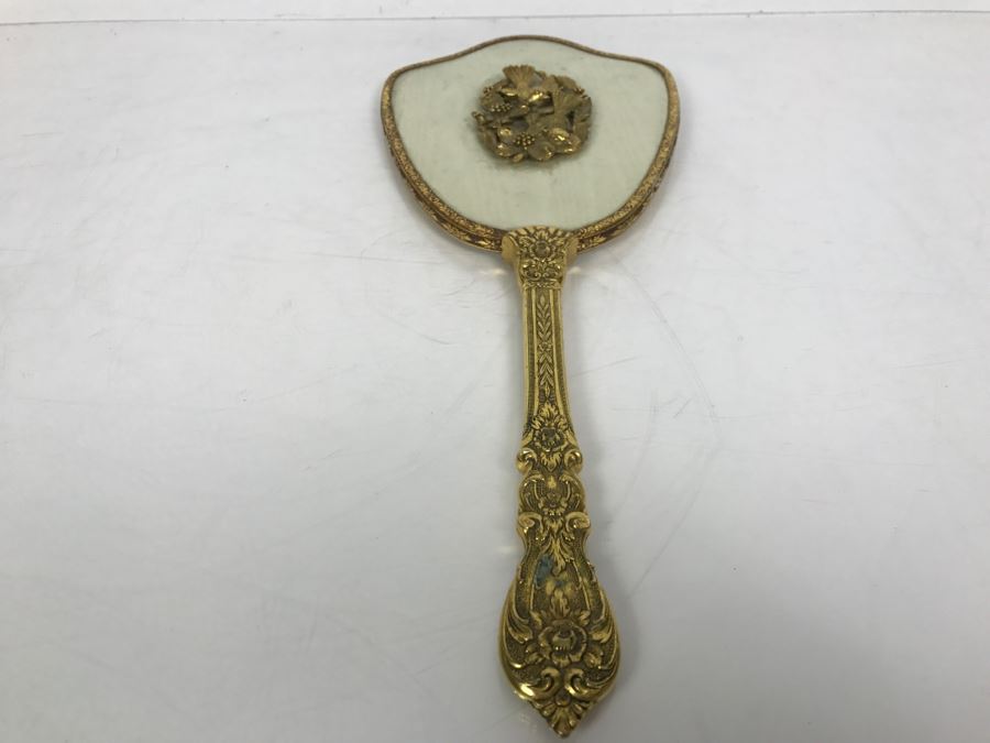 Vintage Gold Tone Hand Held Vanity Mirror Bird Floral Motif [Photo 8]