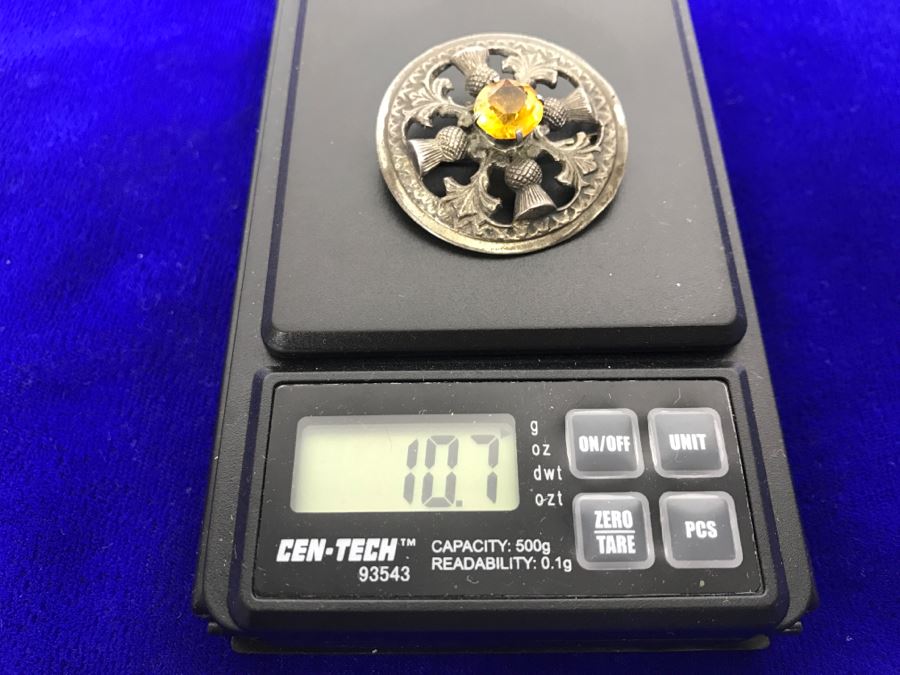 Vintage Sterling Silver And Yellow Glass Brooch HW & S Hallmark 10.7g [Photo 6]