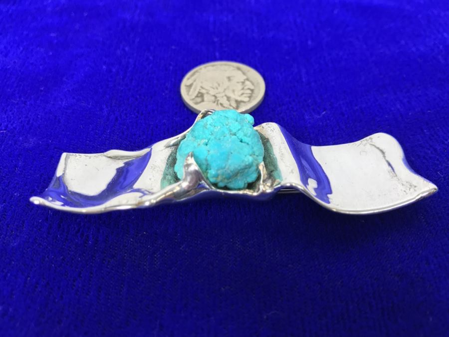 Sterling Silver Brooch With Kingman Rough Turquoise Signed Tove 22g [Photo 12]