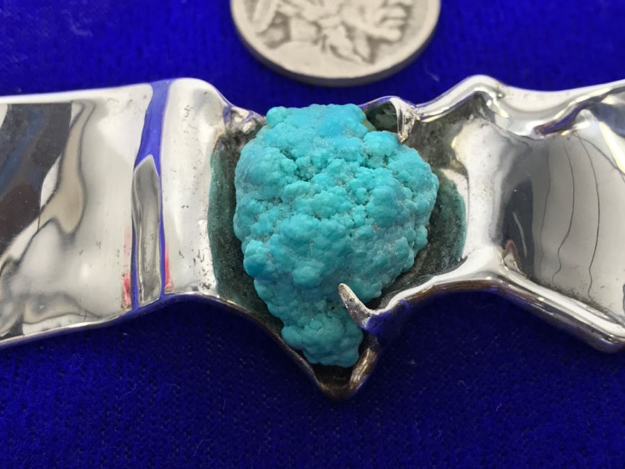 Sterling Silver Brooch With Kingman Rough Turquoise Signed Tove 22g [Photo 8]