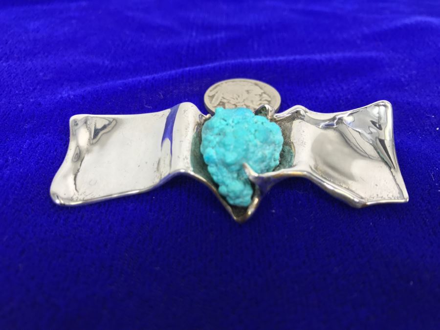 Sterling Silver Brooch With Kingman Rough Turquoise Signed Tove 22g [Photo 6]