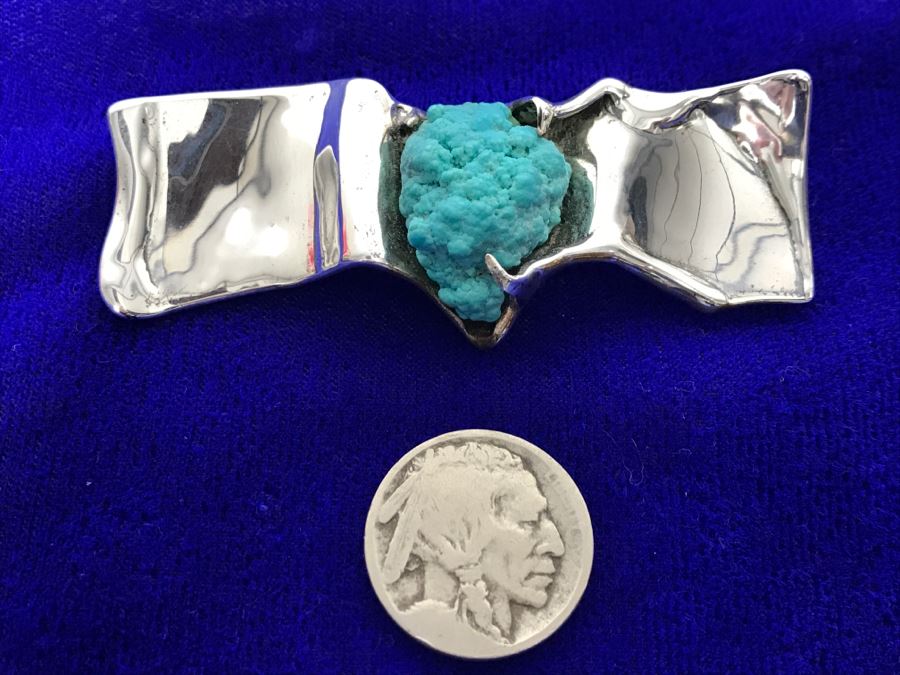 Sterling Silver Brooch With Kingman Rough Turquoise Signed Tove 22g [Photo 20]