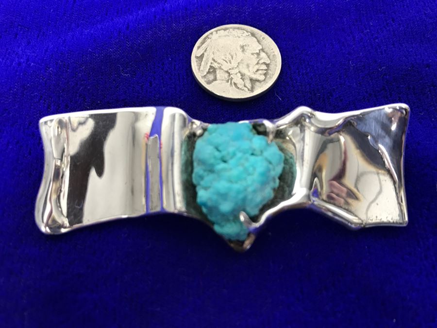 Sterling Silver Brooch With Kingman Rough Turquoise Signed Tove 22g [Photo 5]
