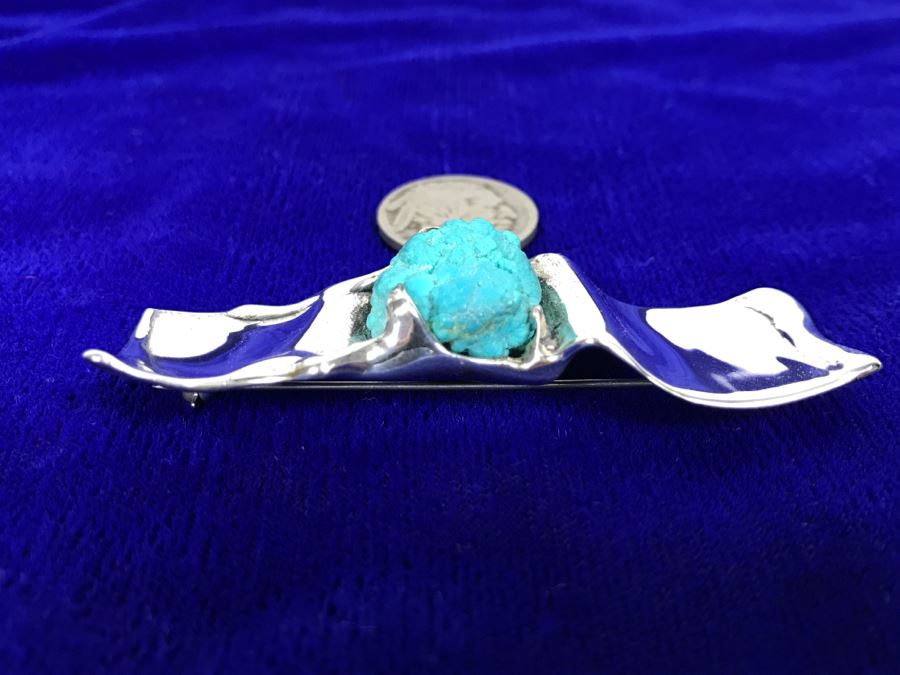 Sterling Silver Brooch With Kingman Rough Turquoise Signed Tove 22g [Photo 13]