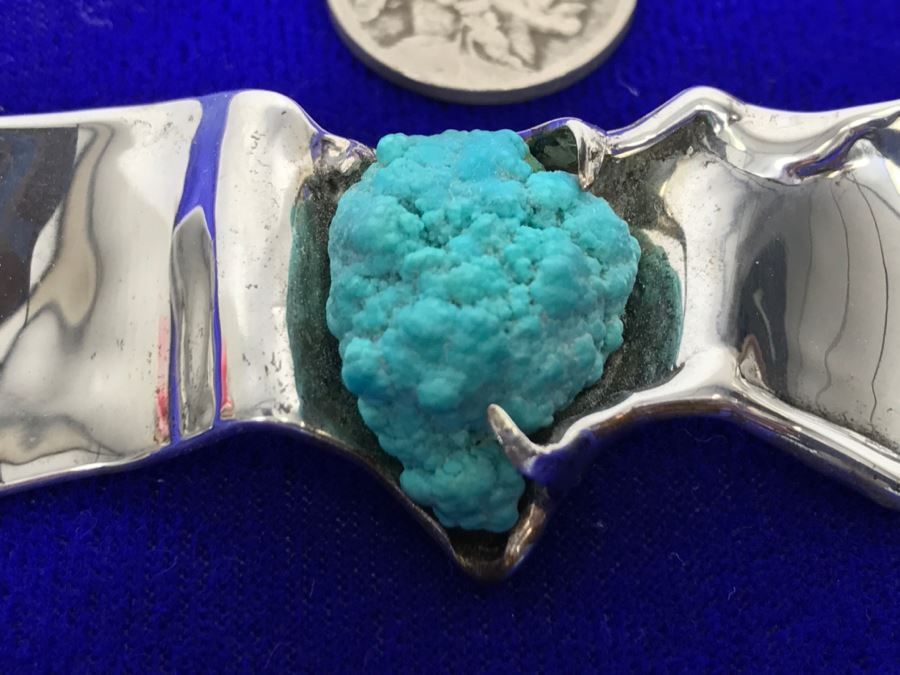 Sterling Silver Brooch With Kingman Rough Turquoise Signed Tove 22g [Photo 7]