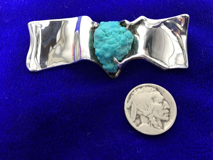 Sterling Silver Brooch With Kingman Rough Turquoise Signed Tove 22g [Photo 2]