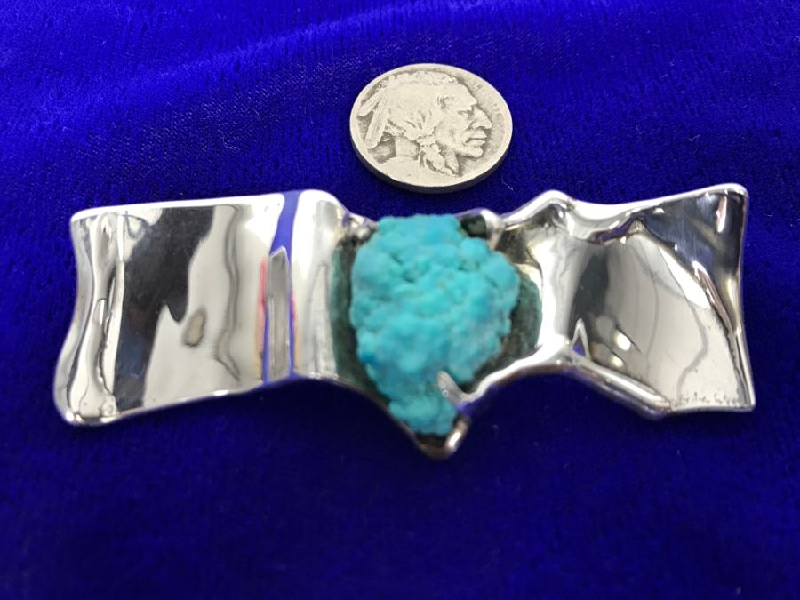 Sterling Silver Brooch With Kingman Rough Turquoise Signed Tove 22g [Photo 4]