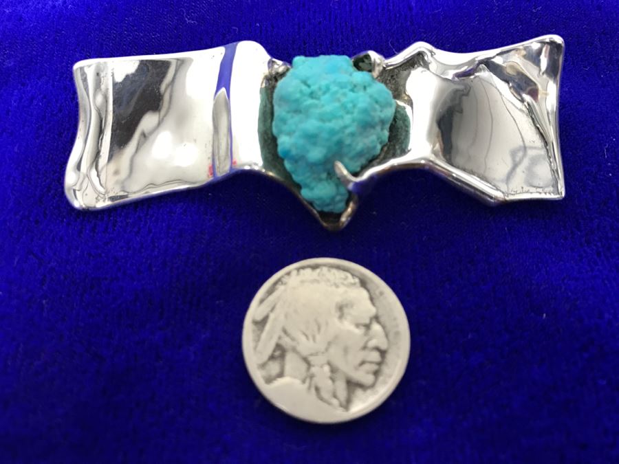 Sterling Silver Brooch With Kingman Rough Turquoise Signed Tove 22g [Photo 3]