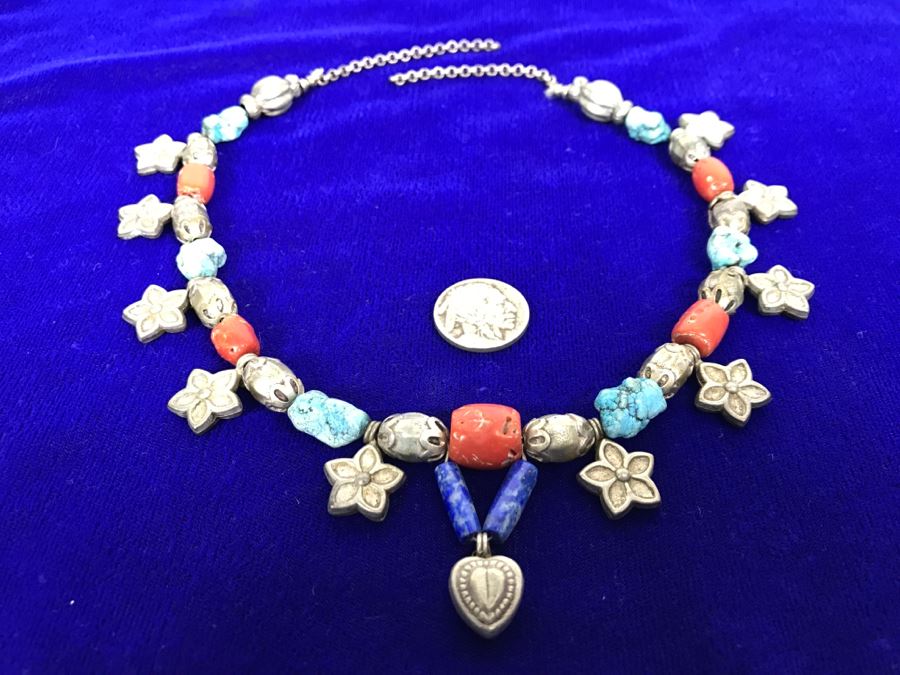 Sterling Silver, Turquoise, Coral And Lapis Necklace Missing Clasp 58g [Photo 3]
