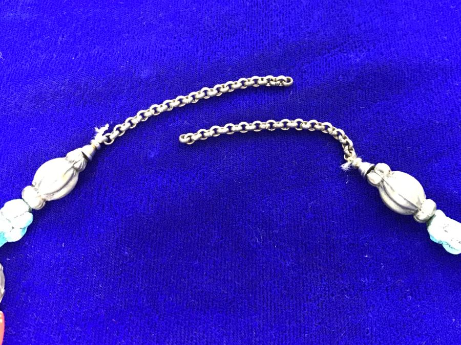 Sterling Silver, Turquoise, Coral And Lapis Necklace Missing Clasp 58g [Photo 8]