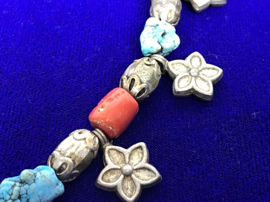 Sterling Silver, Turquoise, Coral And Lapis Necklace Missing Clasp 58g [Photo 6]