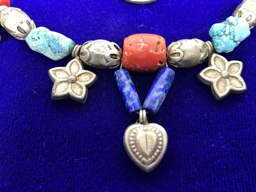Sterling Silver, Turquoise, Coral And Lapis Necklace Missing Clasp 58g [Photo 9]