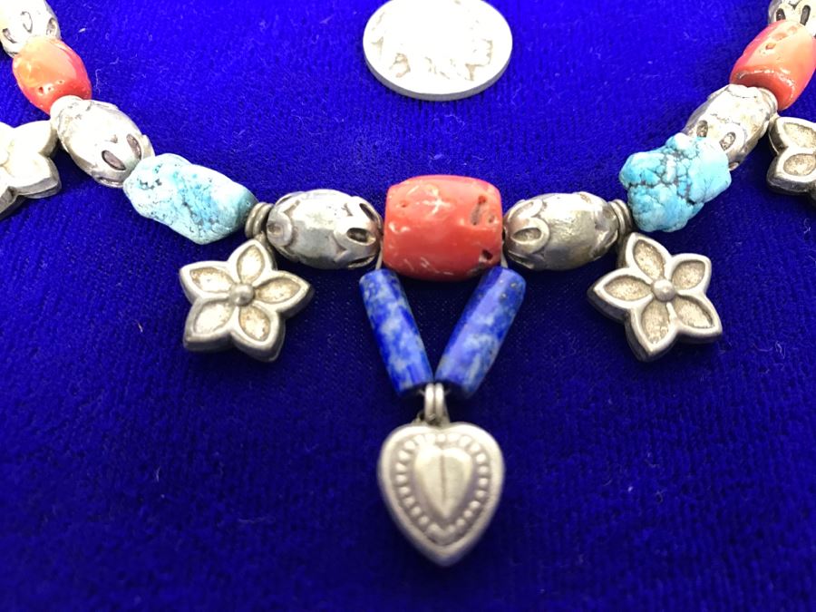Sterling Silver, Turquoise, Coral And Lapis Necklace Missing Clasp 58g [Photo 4]