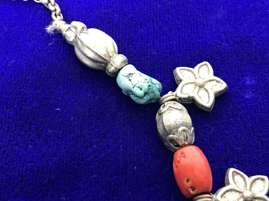 Sterling Silver, Turquoise, Coral And Lapis Necklace Missing Clasp 58g [Photo 7]