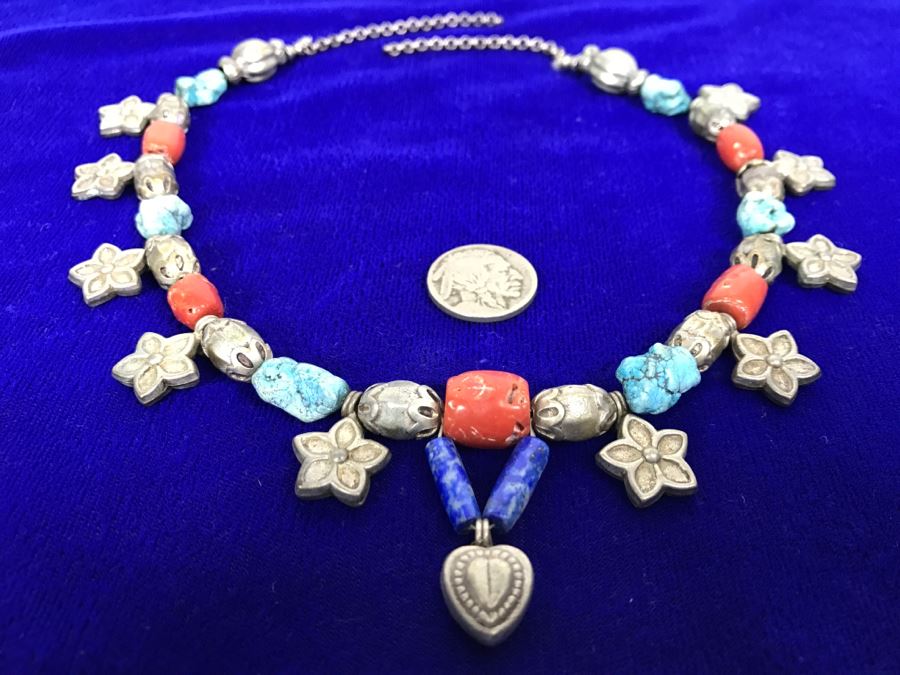 Sterling Silver, Turquoise, Coral And Lapis Necklace Missing Clasp 58g [Photo 1]