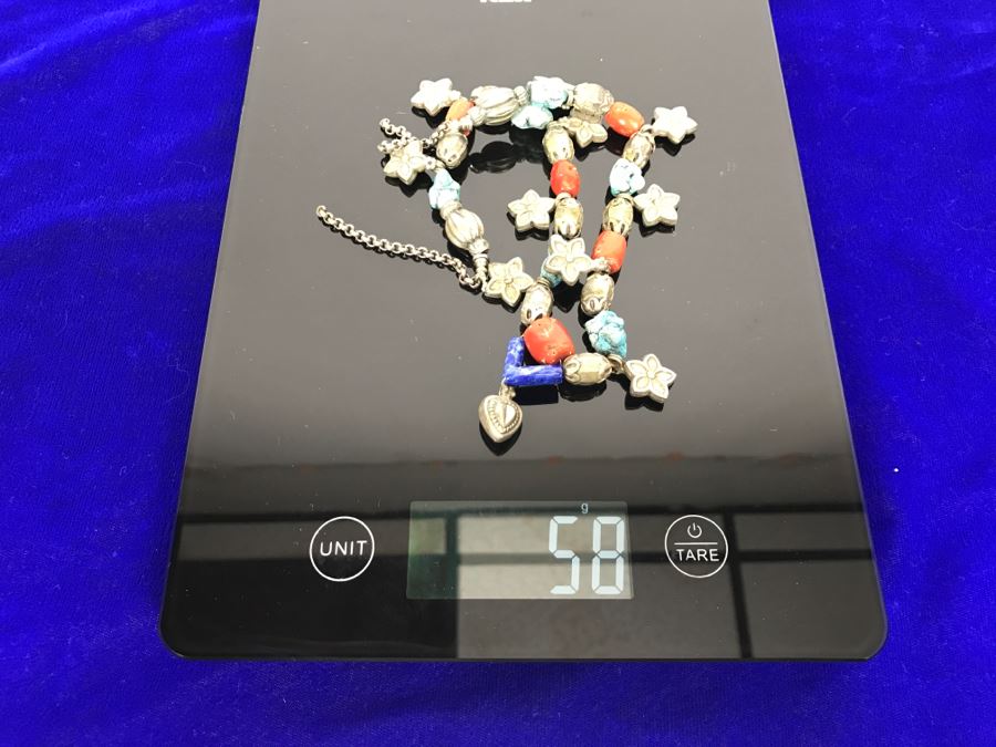 Sterling Silver, Turquoise, Coral And Lapis Necklace Missing Clasp 58g [Photo 10]