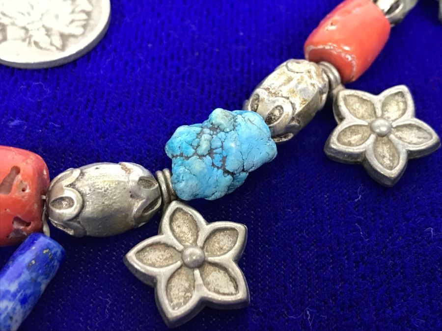 Sterling Silver, Turquoise, Coral And Lapis Necklace Missing Clasp 58g [Photo 5]