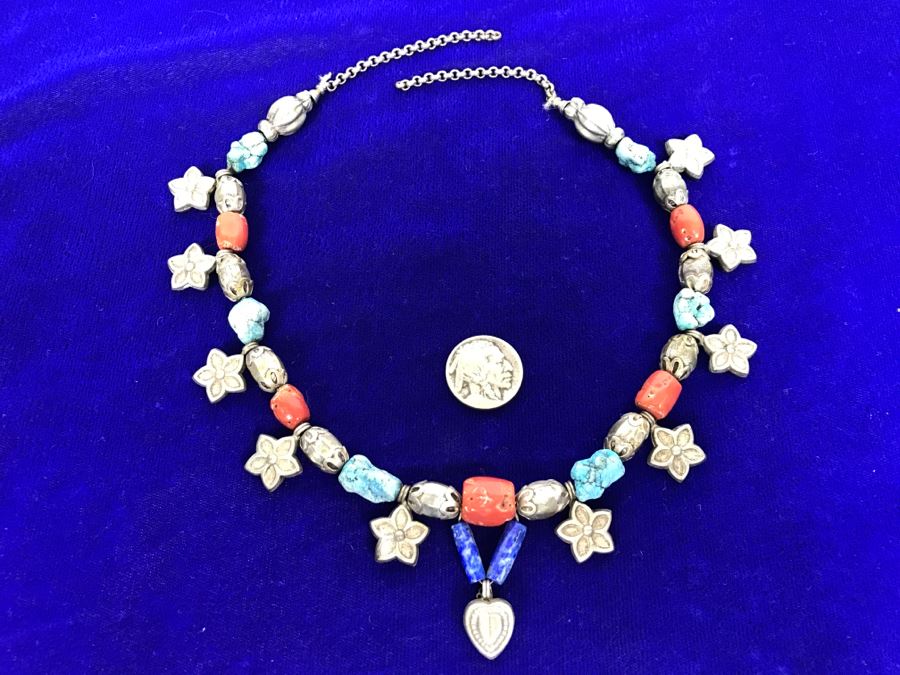 Sterling Silver, Turquoise, Coral And Lapis Necklace Missing Clasp 58g [Photo 2]