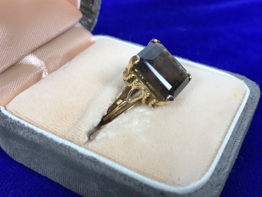 14k Yellow Gold Smokey Quartz Ring 14X12X7MM Stamped And Tested 6.8g 6.25 Ring Size [Photo 4]