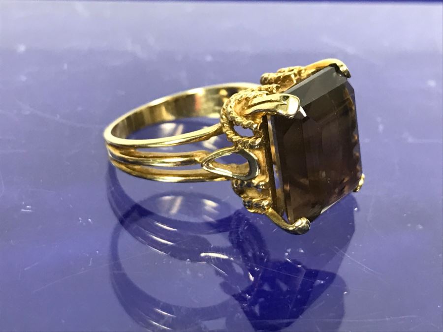 14k Yellow Gold Smokey Quartz Ring 14X12X7MM Stamped And Tested 6.8g 6.25 Ring Size [Photo 6]