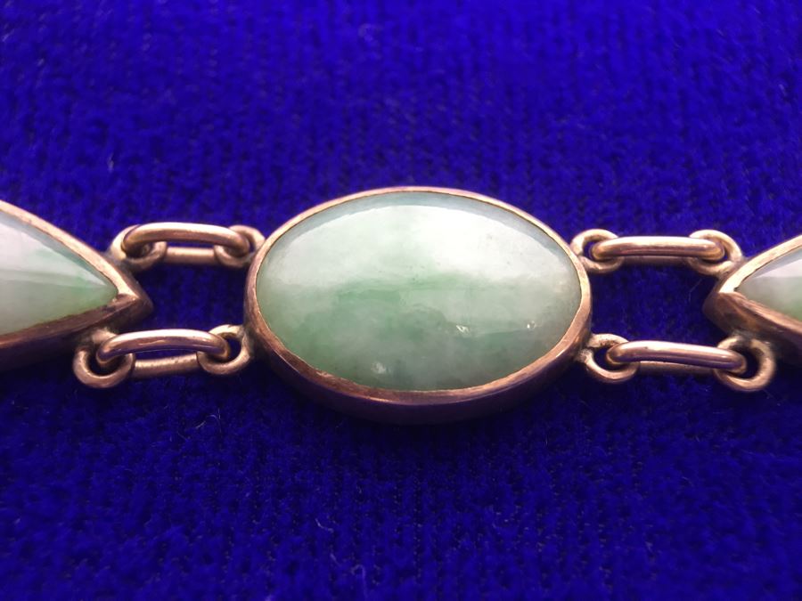 10k Yellow Gold (Tested Just Under 14k) Jade Bracelet Marquise And Oval Cabachon Cut 16.8g Fair Market Value $650 [Photo 12]