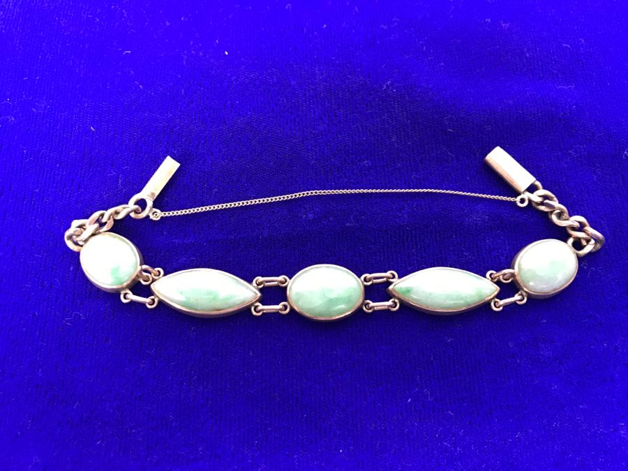 10k Yellow Gold (Tested Just Under 14k) Jade Bracelet Marquise And Oval Cabachon Cut 16.8g Fair Market Value $650 [Photo 3]
