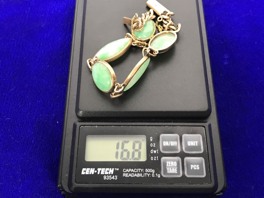 10k Yellow Gold (Tested Just Under 14k) Jade Bracelet Marquise And Oval Cabachon Cut 16.8g Fair Market Value $650 [Photo 11]