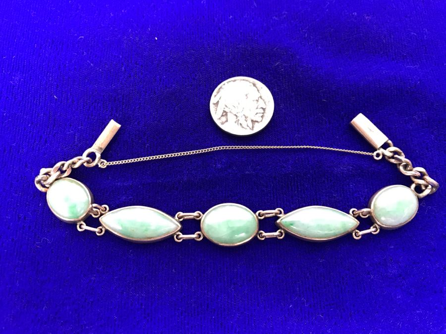 10k Yellow Gold (Tested Just Under 14k) Jade Bracelet Marquise And Oval Cabachon Cut 16.8g Fair Market Value $650 [Photo 4]