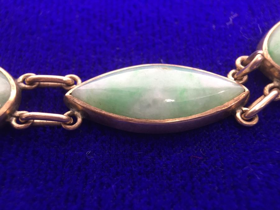 10k Yellow Gold (Tested Just Under 14k) Jade Bracelet Marquise And Oval Cabachon Cut 16.8g Fair Market Value $650 [Photo 13]