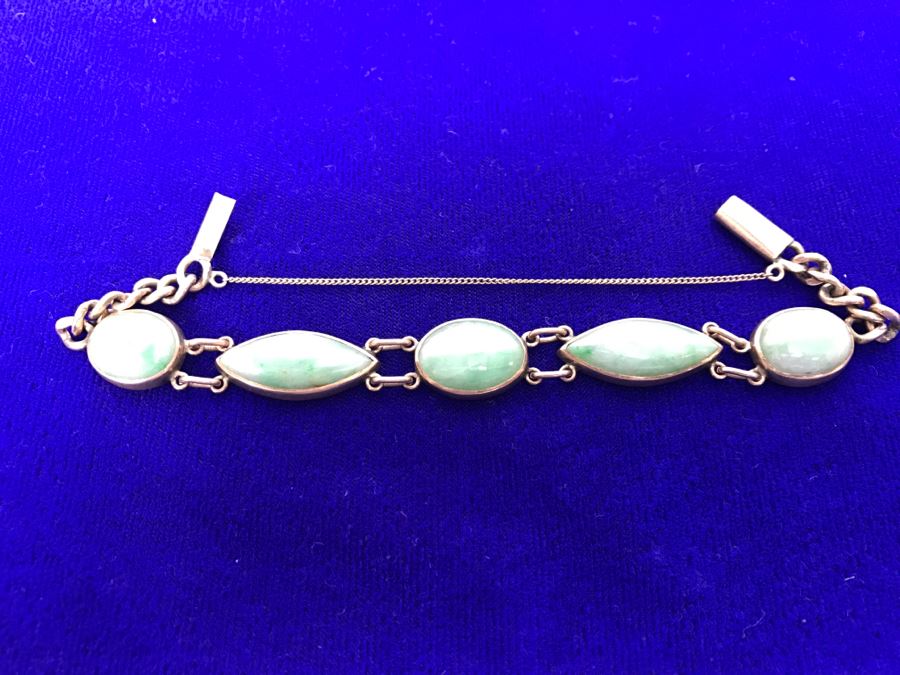 10k Yellow Gold (Tested Just Under 14k) Jade Bracelet Marquise And Oval Cabachon Cut 16.8g Fair Market Value $650 [Photo 2]
