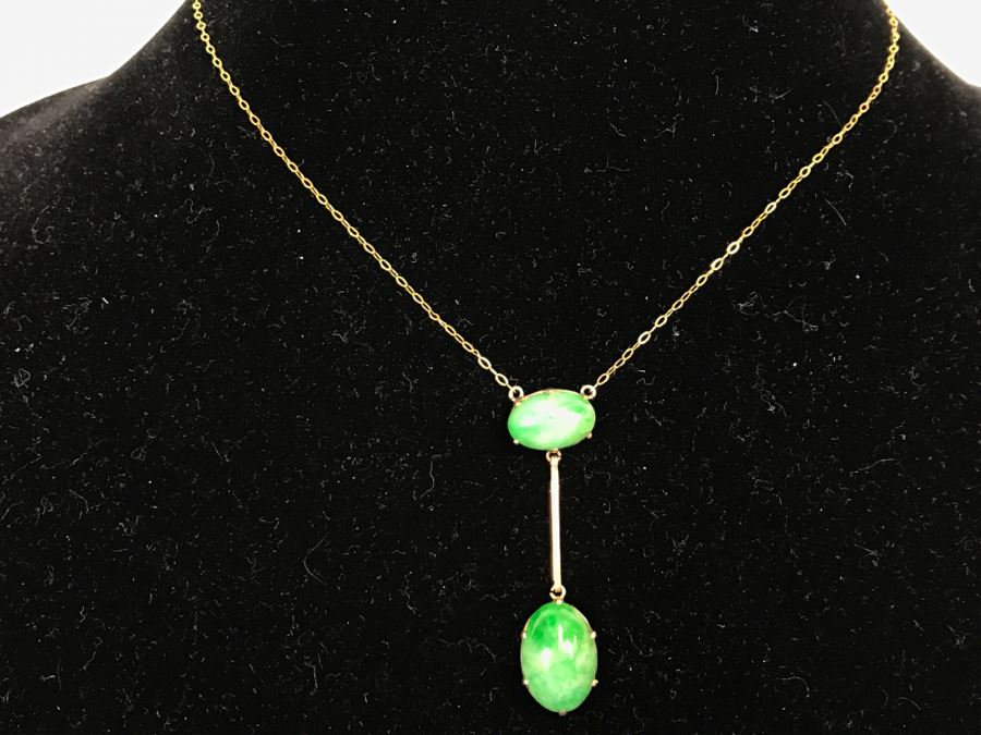 14k Yellow Gold Jade Necklace With 15X10.8X5.5MM Jade Stone And 13X8.5X5MM Jade Stone 4.4g Fair Market Value $150 [Photo 5]