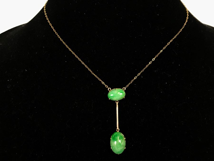 14k Yellow Gold Jade Necklace With 15X10.8X5.5MM Jade Stone And 13X8.5X5MM Jade Stone 4.4g Fair Market Value $150 [Photo 1]
