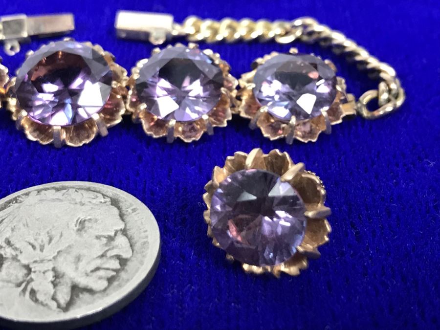 14k Yellow Gold Bracelet With Matching Earrings Synthetic Alexandrite 29.8g Fair Market Value $850 [Photo 11]