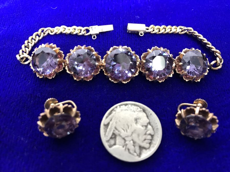 14k Yellow Gold Bracelet With Matching Earrings Synthetic Alexandrite 29.8g Fair Market Value $850 [Photo 5]