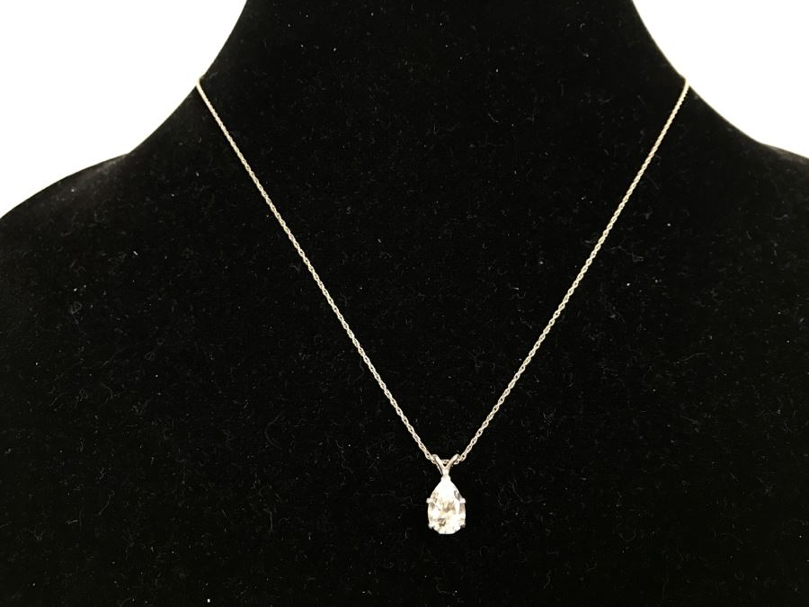 14k White Gold Pendant And Chain With Cubic Zirconia Stone 2.8g [Photo 4]
