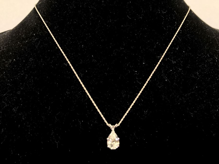 14k White Gold Pendant And Chain With Cubic Zirconia Stone 2.8g [Photo 3]