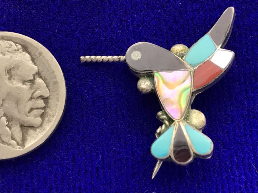 Sterling Silver Humming Bird Brooch Pin With Turquoise, Onyx, Mother Of Pearl And Coral 2.4g [Photo 3]