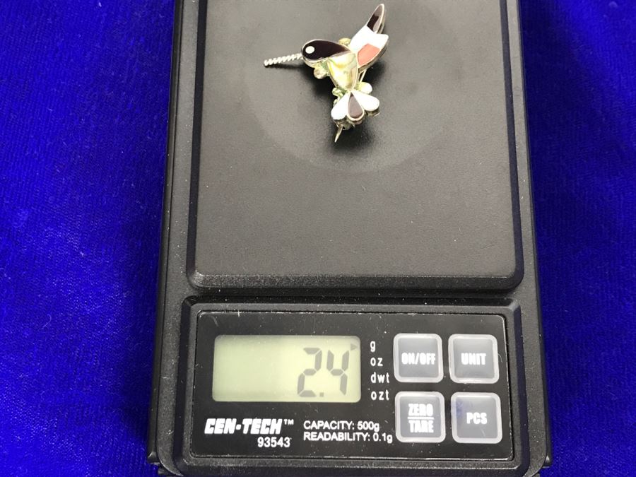 Sterling Silver Humming Bird Brooch Pin With Turquoise, Onyx, Mother Of Pearl And Coral 2.4g [Photo 7]