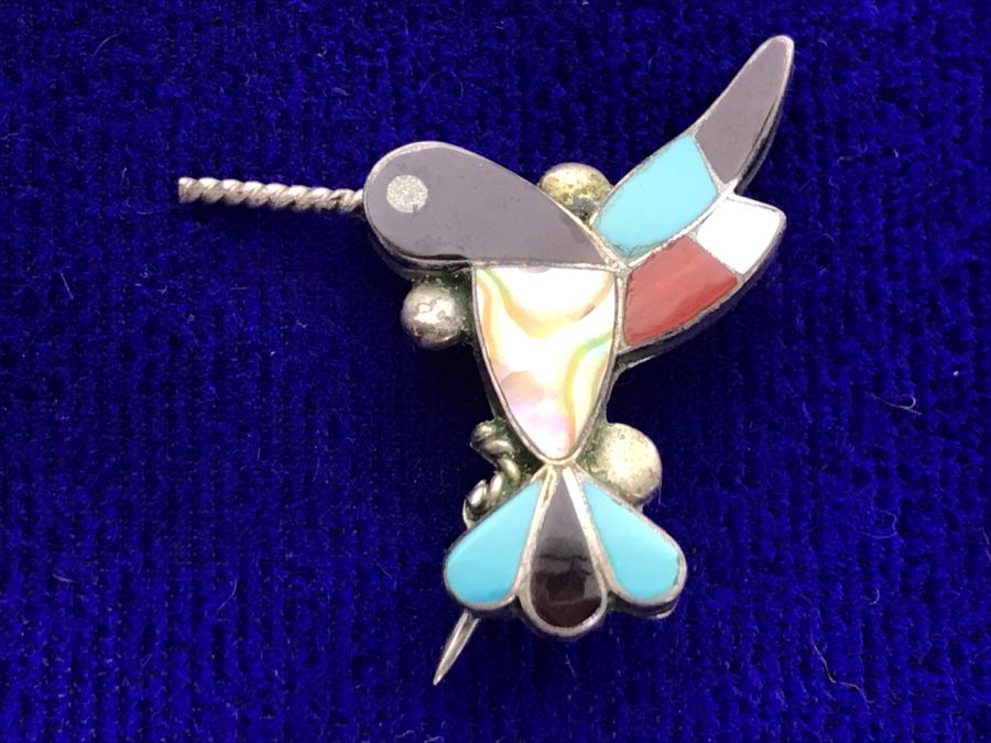 Sterling Silver Humming Bird Brooch Pin With Turquoise, Onyx, Mother Of Pearl And Coral 2.4g [Photo 2]