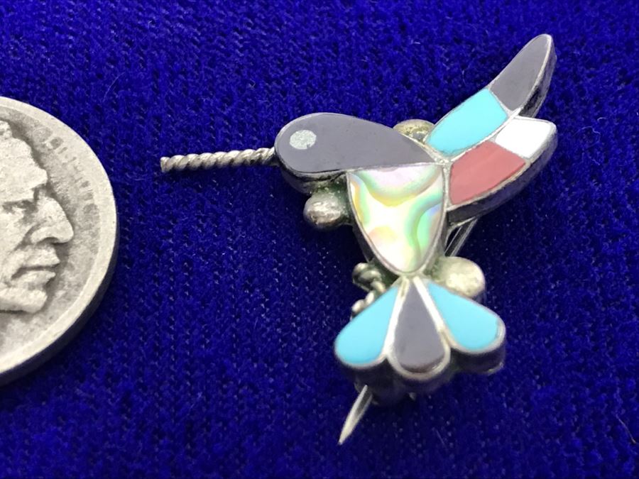 Sterling Silver Humming Bird Brooch Pin With Turquoise, Onyx, Mother Of Pearl And Coral 2.4g [Photo 4]