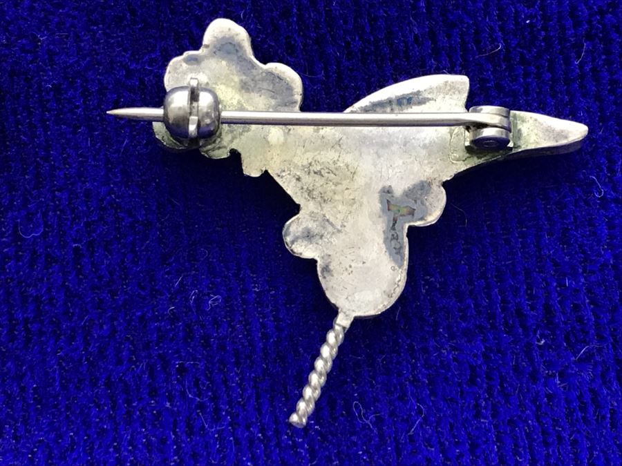 Sterling Silver Humming Bird Brooch Pin With Turquoise, Onyx, Mother Of Pearl And Coral 2.4g [Photo 5]