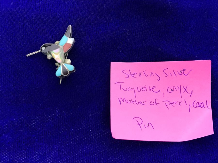 Sterling Silver Humming Bird Brooch Pin With Turquoise, Onyx, Mother Of Pearl And Coral 2.4g [Photo 6]