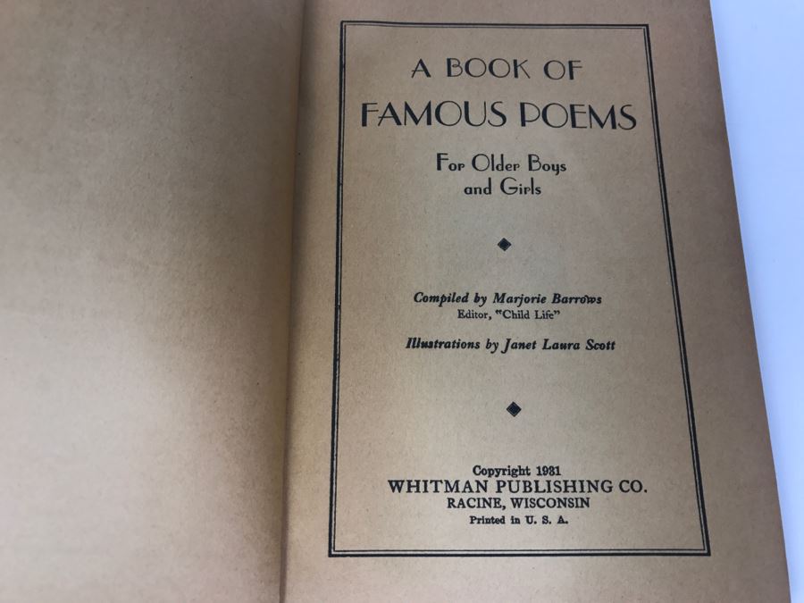 Vintage 1931 Book 'A Book Of Famous Poems For Older Boys And Girls ...