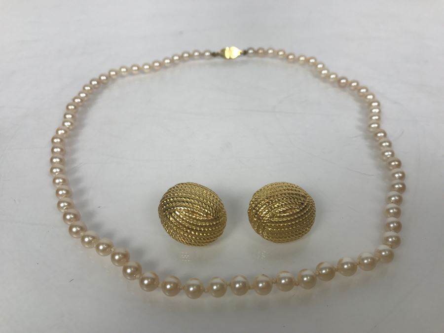 Vintage Givenchy Gold Tone Post Earrings And Monet Faux Pearl Necklace [Photo 2]